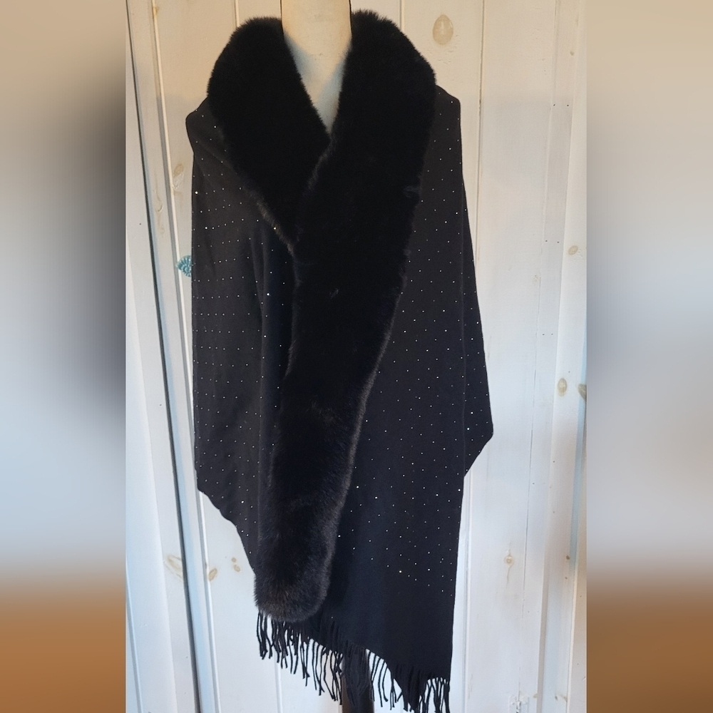 Soft FauxFur Trim Wrap Shawl Cape with Chrystal Embellishments